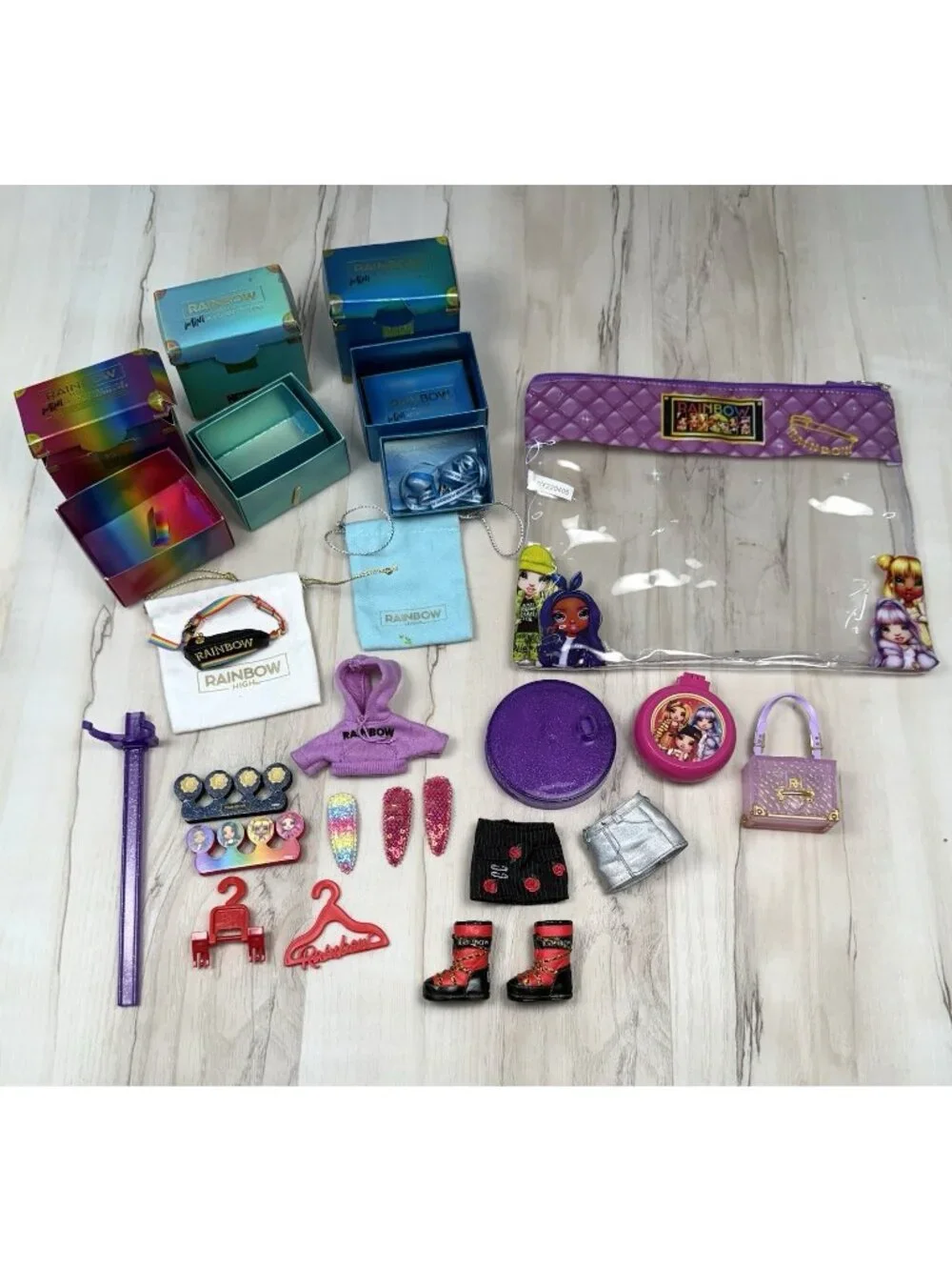 19pc Lot MGA Rainbow High Accessory & Toy Lot Shoes Belt Bag Skirt Stand Purse